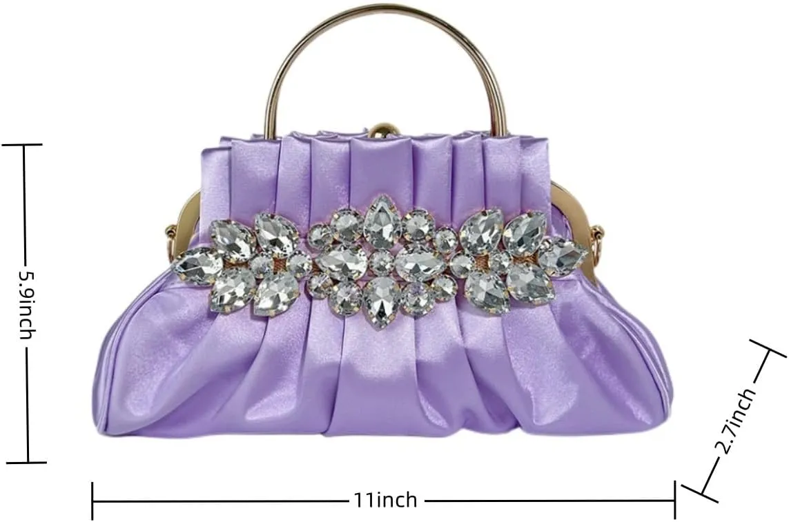 IAMUHI Women Retro Satin Evening Handbag Pleated Rhinestone Clutch Bag Party Wedding Crossbody Shoulder Purse with Chain