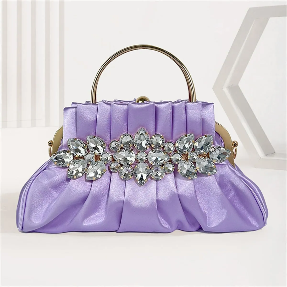 IAMUHI Women Retro Satin Evening Handbag Pleated Rhinestone Clutch Bag Party Wedding Crossbody Shoulder Purse with Chain