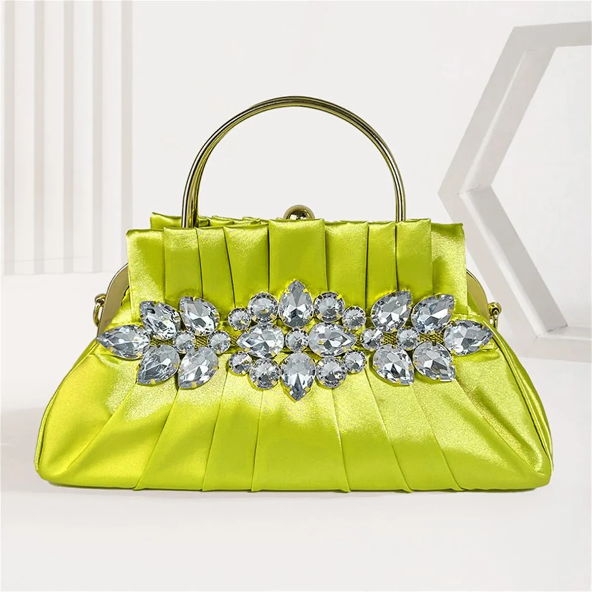 IAMUHI Women Retro Satin Evening Handbag Pleated Rhinestone Clutch Bag Party Wedding Crossbody Shoulder Purse with Chain