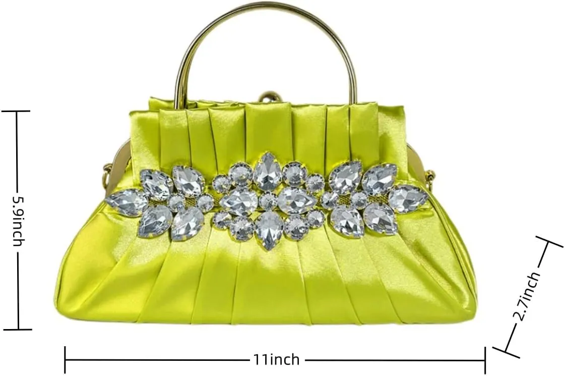 IAMUHI Women Retro Satin Evening Handbag Pleated Rhinestone Clutch Bag Party Wedding Crossbody Shoulder Purse with Chain