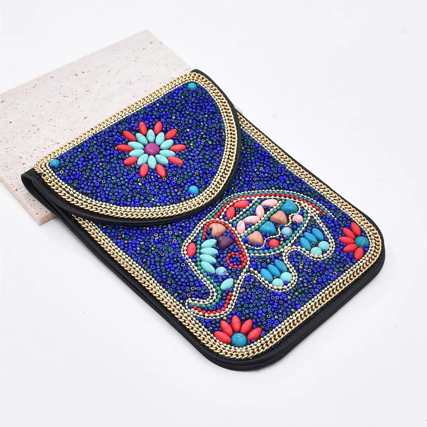 idealway Bohemian Beaded Crossbody Phone Bag for Women Girls Flower Elephant Eye Motifs Small Handbags