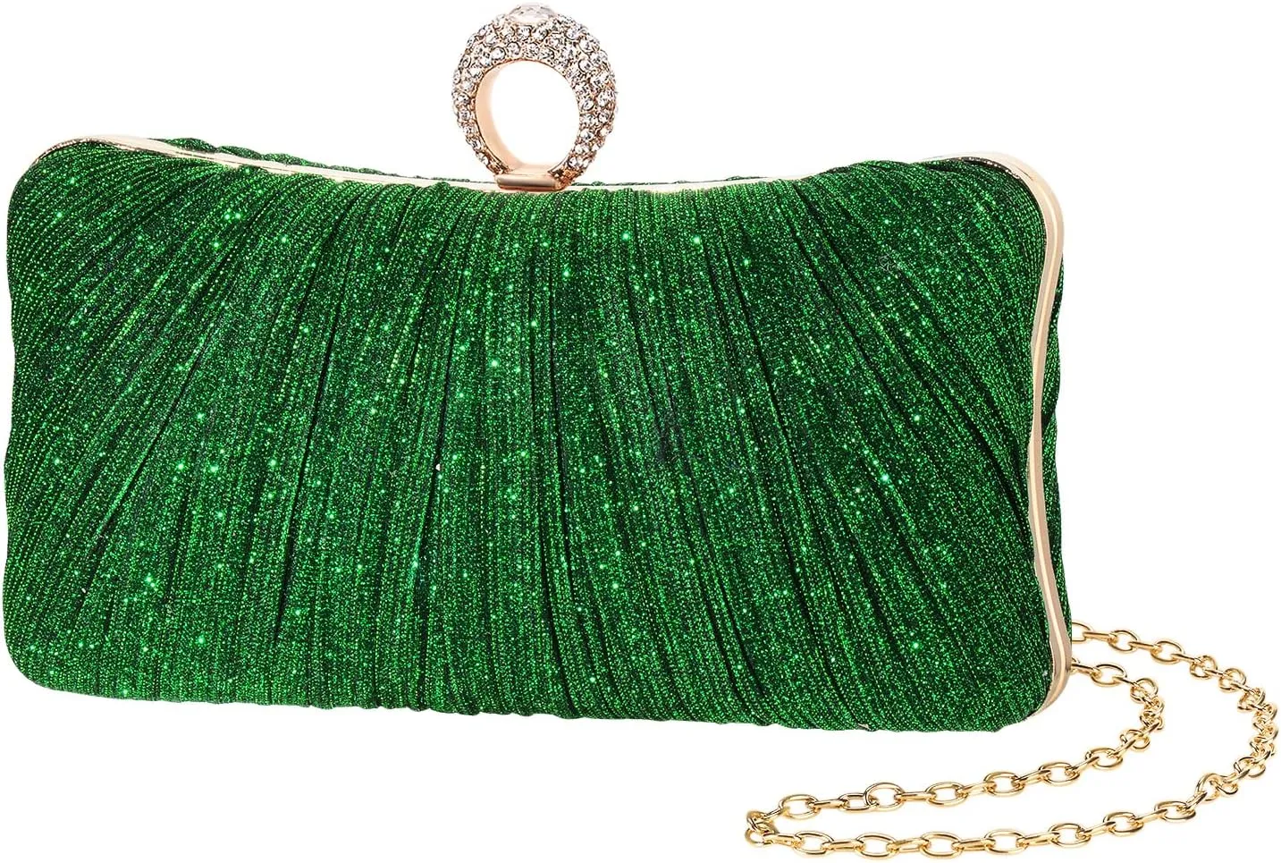 iWISH Womens Golden Glitter Clutch Purse Pleated Evening Bag for Bridal Wedding Party with Rhinestone Ring