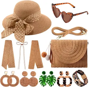 JaGely 15 Pcs Summer Women Straw Sun Hats Wide Brim Beach Hat Straw Shoulder Bag Set with Heart Shape Glasses Boho Dangle Earrings Leopard Bracelet Floppy Beach Wallet Sun Hat
