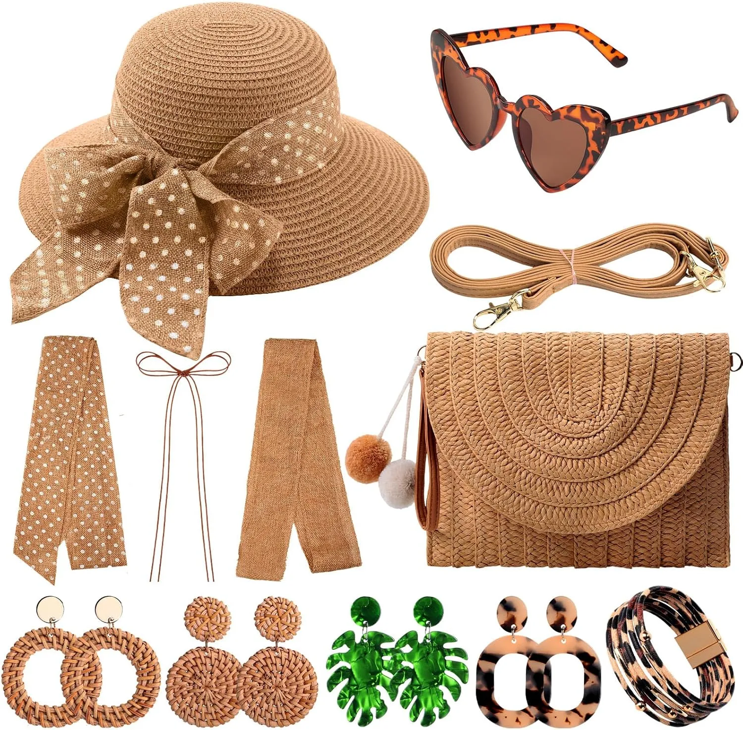 JaGely 15 Pcs Summer Women Straw Sun Hats Wide Brim Beach Hat Straw Shoulder Bag Set with Heart Shape Glasses Boho Dangle Earrings Leopard Bracelet Floppy Beach Wallet Sun Hat