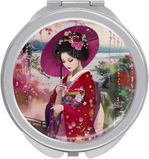 Japanese Beauty Kimono Compact Mirror Pocket Mirror Small Mirror for Purse Portable Mini Travel Makeup Mirror Folding Handheld Double-Sided Magnifying Compact Mirror for Women Gift