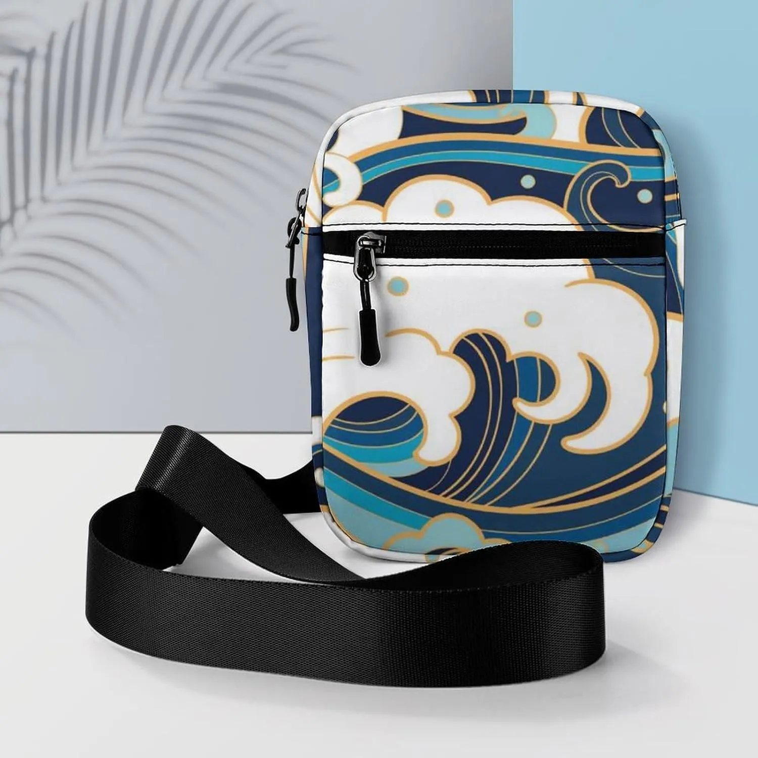Japanese Traditional Oriental Blue White Sea Waves, Foam, Splashes Adjustable Fanny Waist Pack Pouch, Waterproof Crossbody Runners Bag Wallet for Gym Hiking Fitness Women Men 6.1 x 2.2 x 7.9 inch
