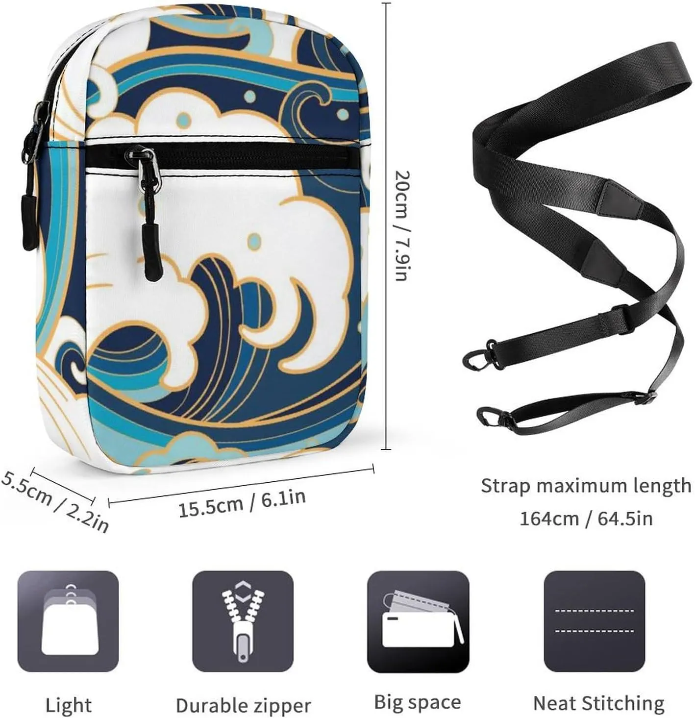 Japanese Traditional Oriental Blue White Sea Waves, Foam, Splashes Adjustable Fanny Waist Pack Pouch, Waterproof Crossbody Runners Bag Wallet for Gym Hiking Fitness Women Men 6.1 x 2.2 x 7.9 inch