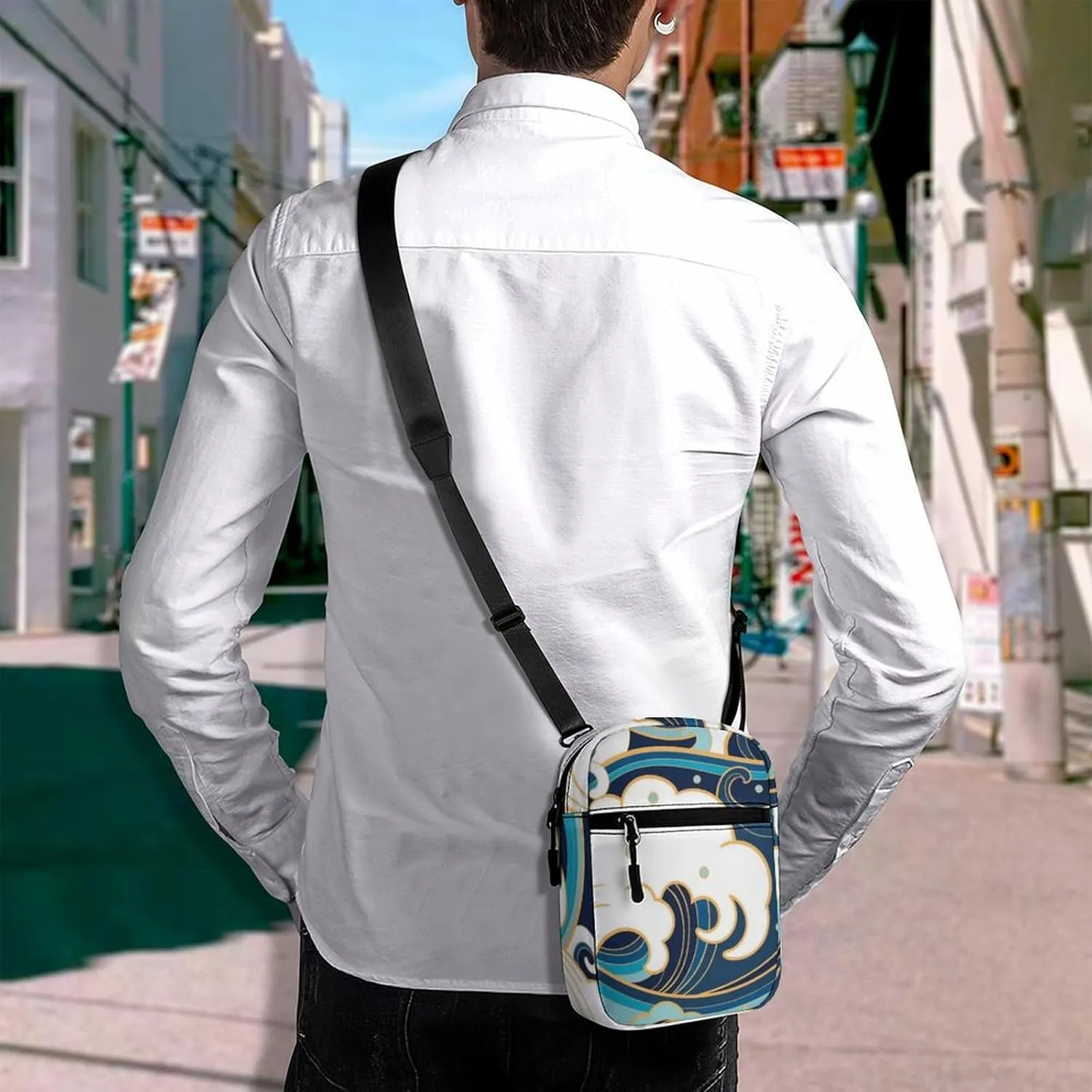 Japanese Traditional Oriental Blue White Sea Waves, Foam, Splashes Adjustable Fanny Waist Pack Pouch, Waterproof Crossbody Runners Bag Wallet for Gym Hiking Fitness Women Men 6.1 x 2.2 x 7.9 inch