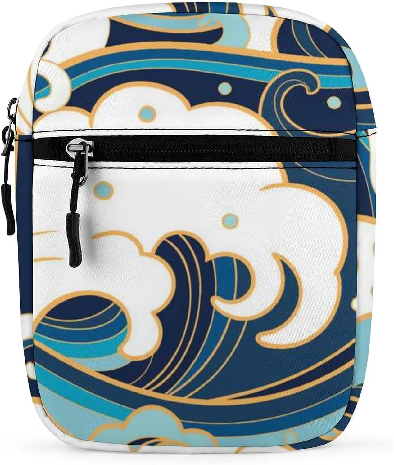 Japanese Traditional Oriental Blue White Sea Waves, Foam, Splashes Adjustable Fanny Waist Pack Pouch, Waterproof Crossbody Runners Bag Wallet for Gym Hiking Fitness Women Men 6.1 x 2.2 x 7.9 inch