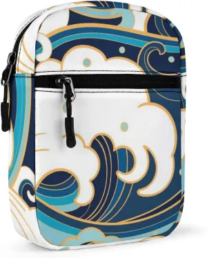 Japanese Traditional Oriental Blue White Sea Waves, Foam, Splashes Adjustable Fanny Waist Pack Pouch, Waterproof Crossbody Runners Bag Wallet for Gym Hiking Fitness Women Men 6.1 x 2.2 x 7.9 inch