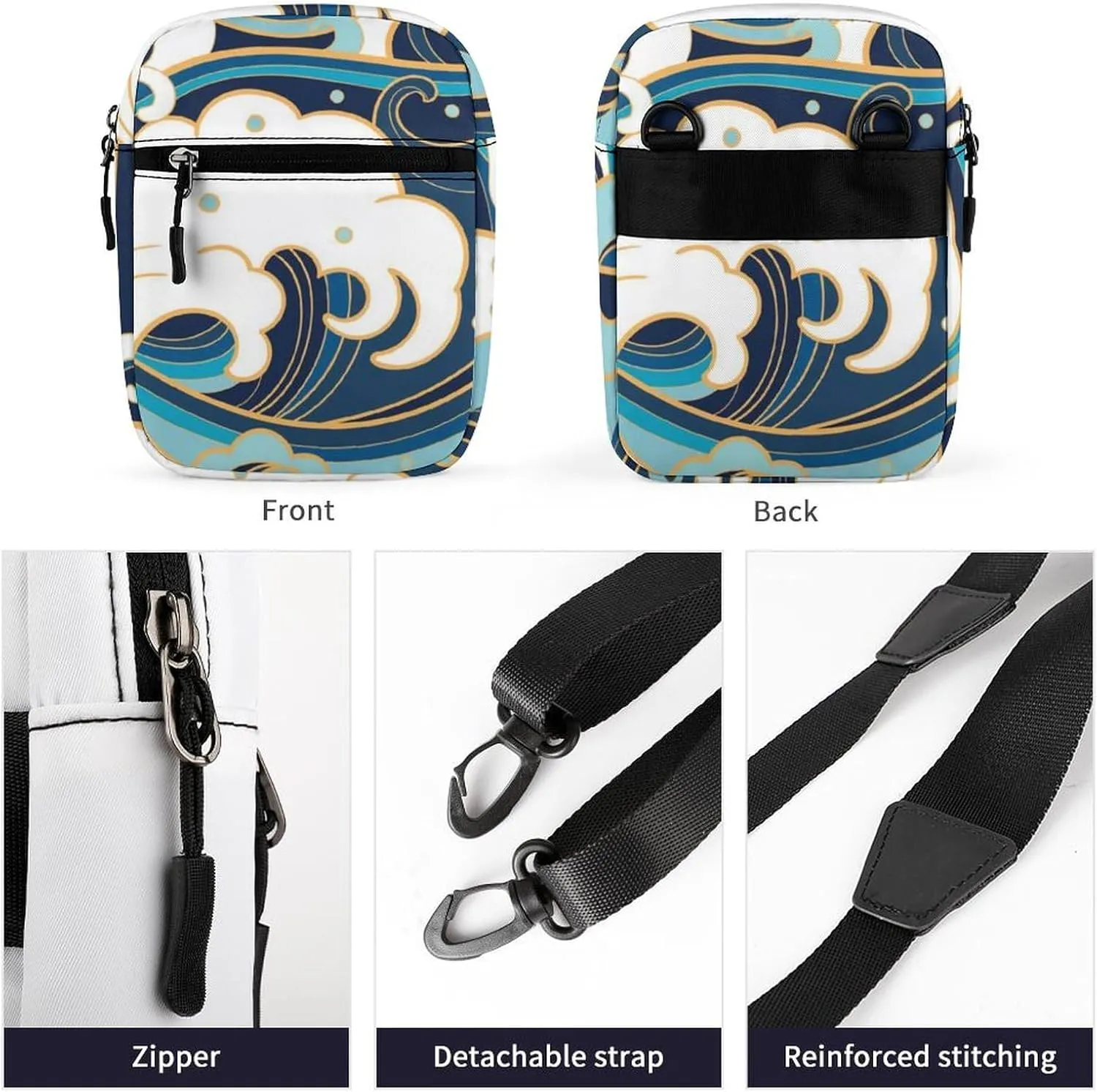 Japanese Traditional Oriental Blue White Sea Waves, Foam, Splashes Adjustable Fanny Waist Pack Pouch, Waterproof Crossbody Runners Bag Wallet for Gym Hiking Fitness Women Men 6.1 x 2.2 x 7.9 inch