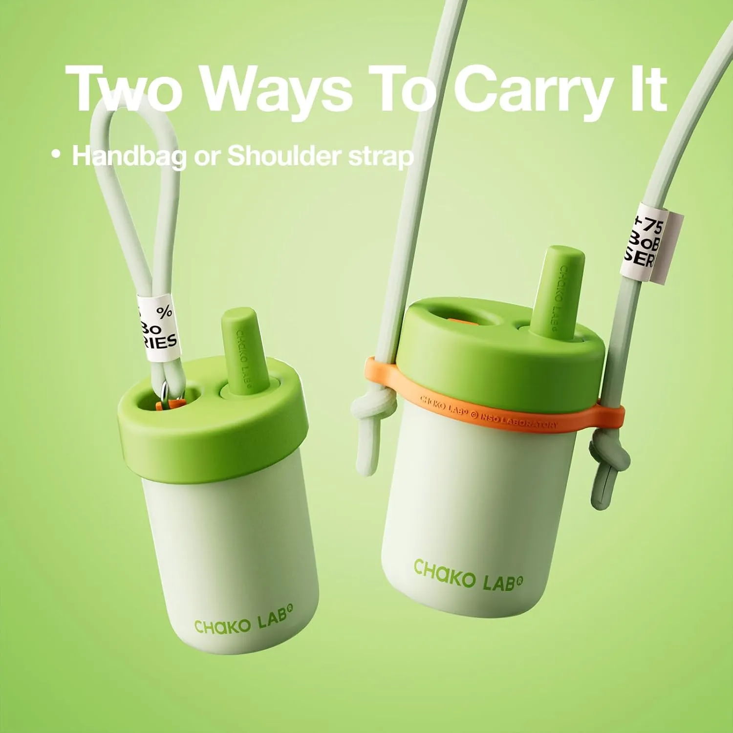 Kids Water Bottle with Carrying Rope and Straps | Vacuum Insulated Stainless Steel 16oz for School and Trvels | Two Travel Carrying Options | Matcha Green