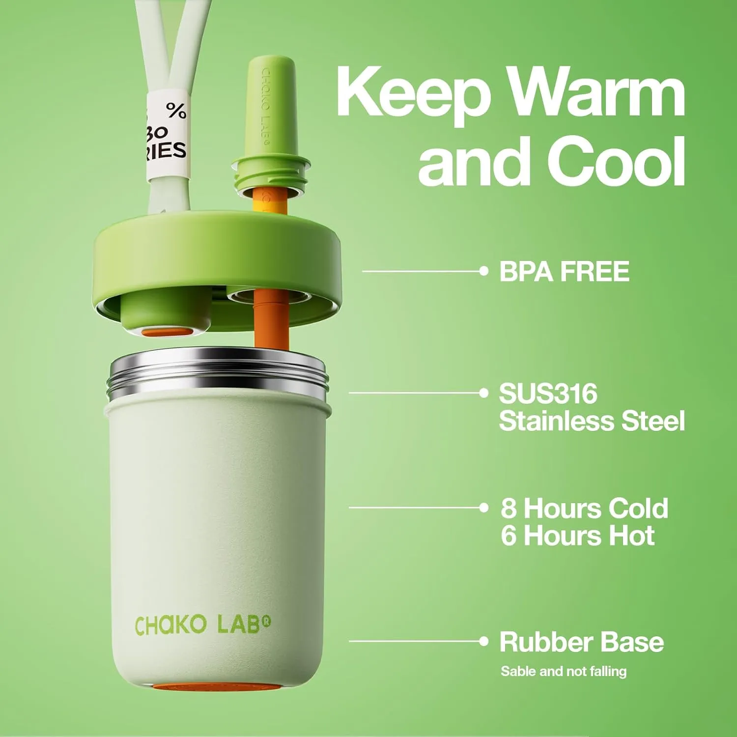 Kids Water Bottle with Carrying Rope and Straps | Vacuum Insulated Stainless Steel 16oz for School and Trvels | Two Travel Carrying Options | Matcha Green