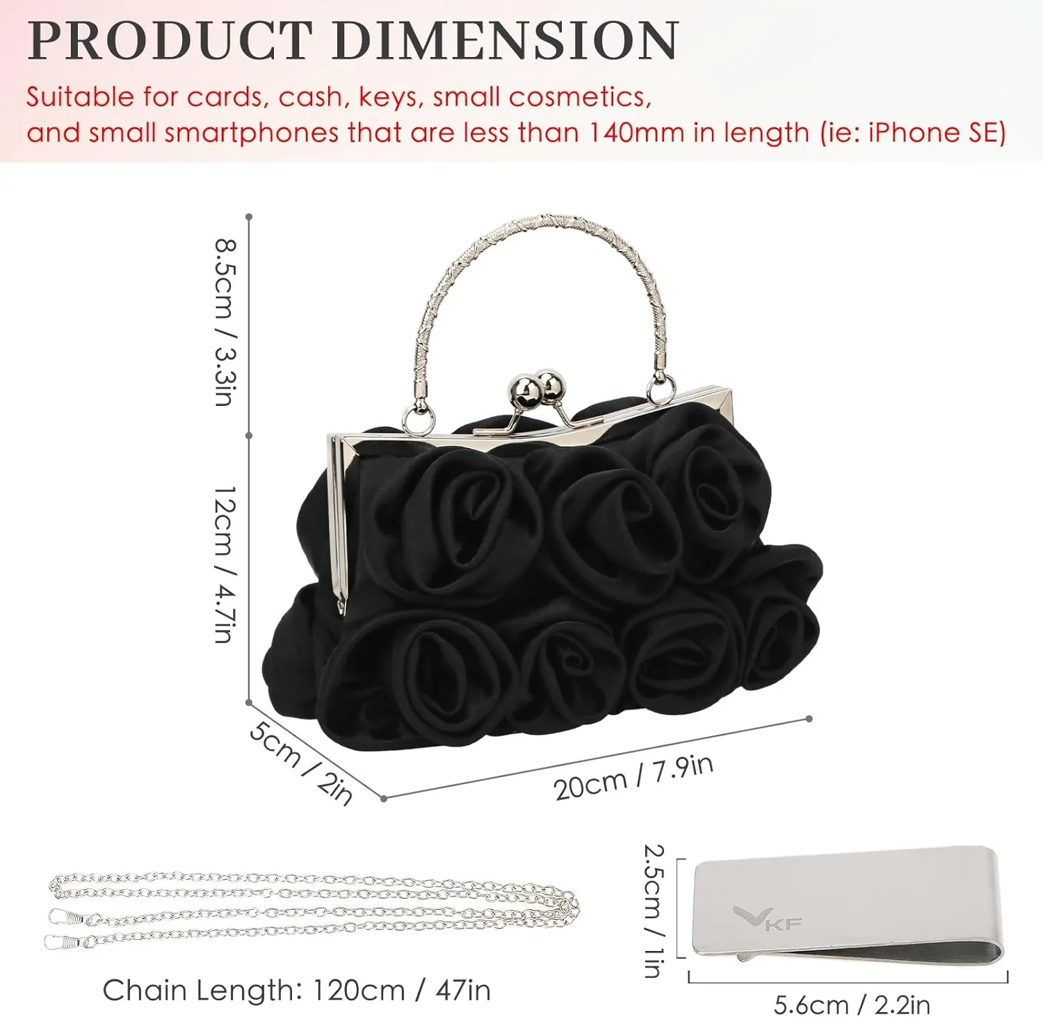 kilofly Missy K 7 Roses Clutch Purse, Satin, with Detachable Strap Money Clip