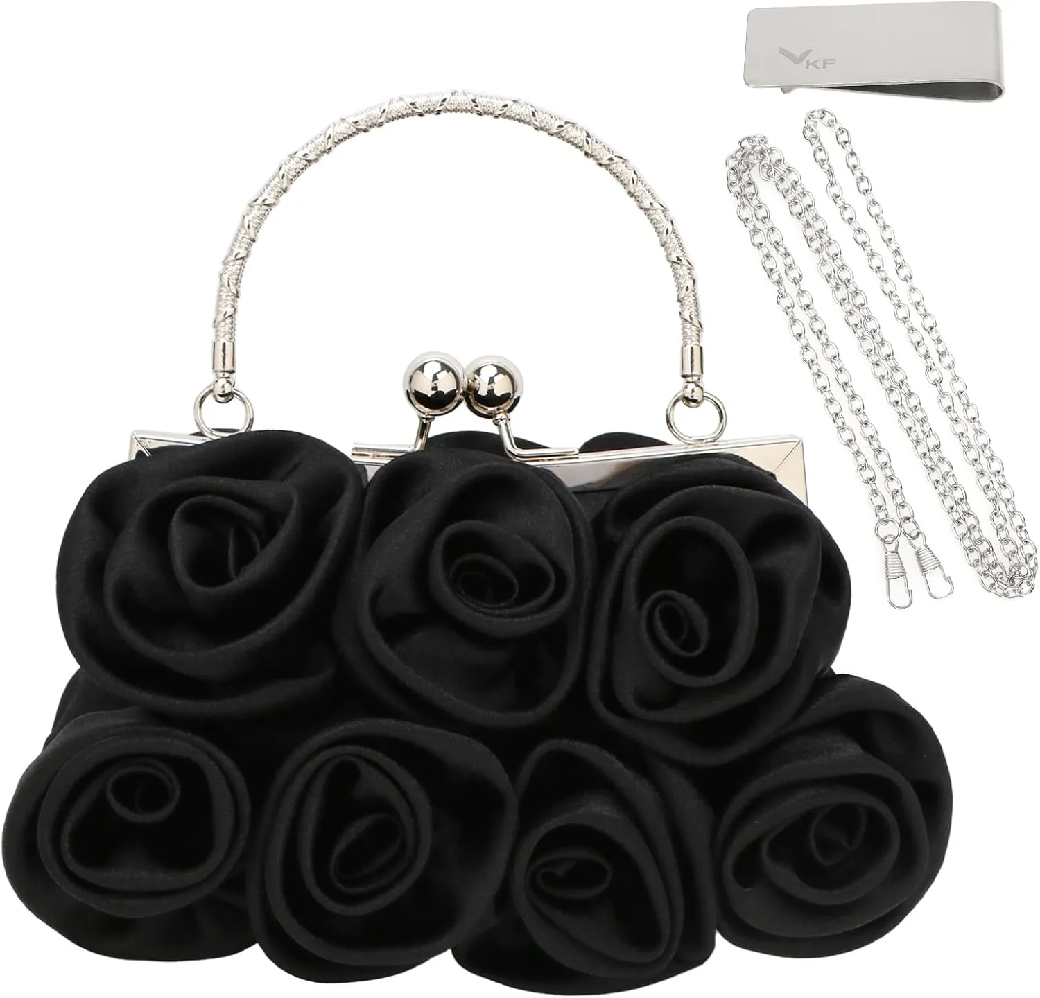 kilofly Missy K 7 Roses Clutch Purse, Satin, with Detachable Strap Money Clip
