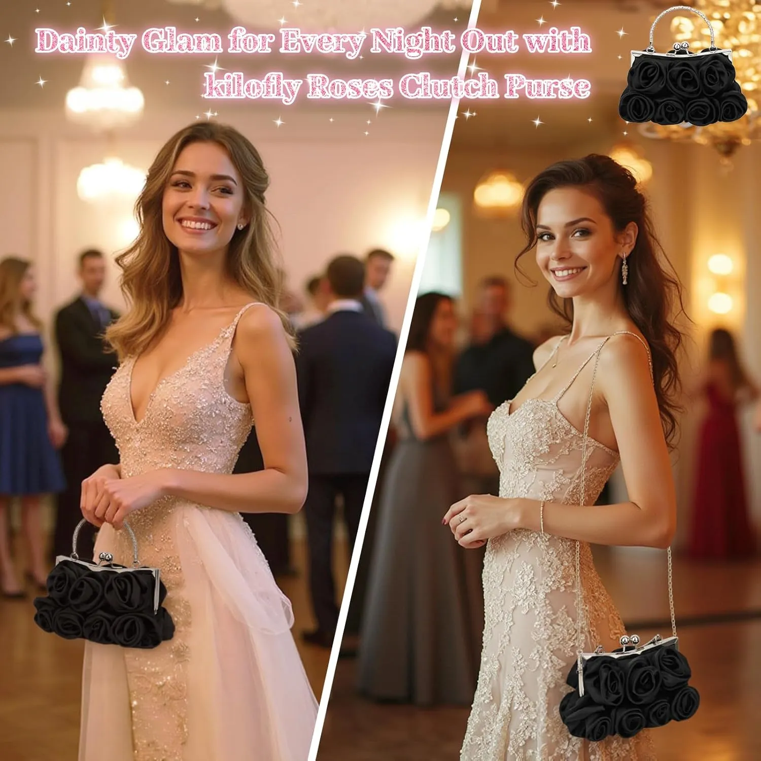 kilofly Missy K 7 Roses Clutch Purse, Satin, with Detachable Strap Money Clip