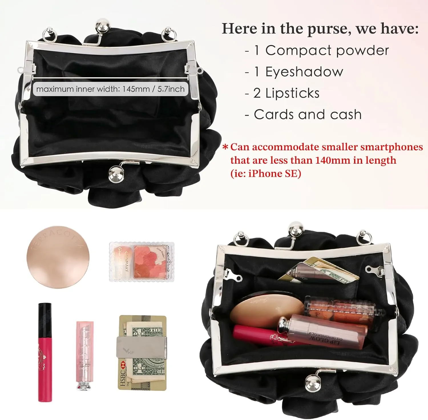 kilofly Missy K 7 Roses Clutch Purse, Satin, with Detachable Strap Money Clip