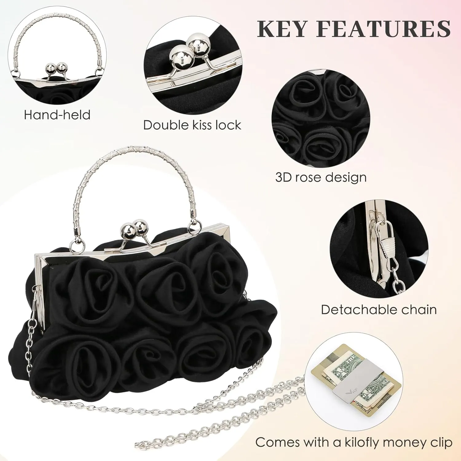 kilofly Missy K 7 Roses Clutch Purse, Satin, with Detachable Strap Money Clip