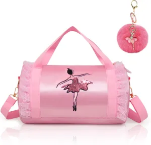 KingBig Ballet Bag, Girls' Pink Dancer Print Crossbody Handbag, Medium, 18L, 2 Compartments, Zipper Closure, Nylon/Polyester, Eco-Friendly