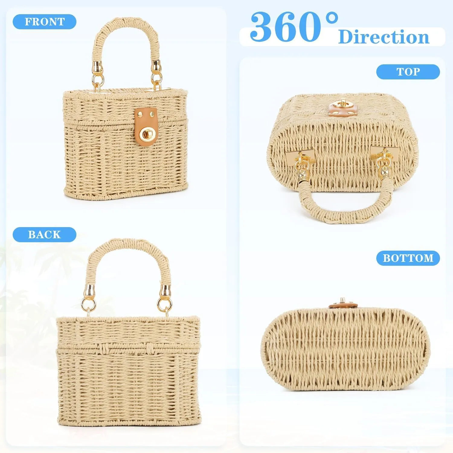 KUANG! Handwoven Basket Straw Purse for Women Woven Straw Rattan Shoulder Bag Vintage Beach Tote Bag
