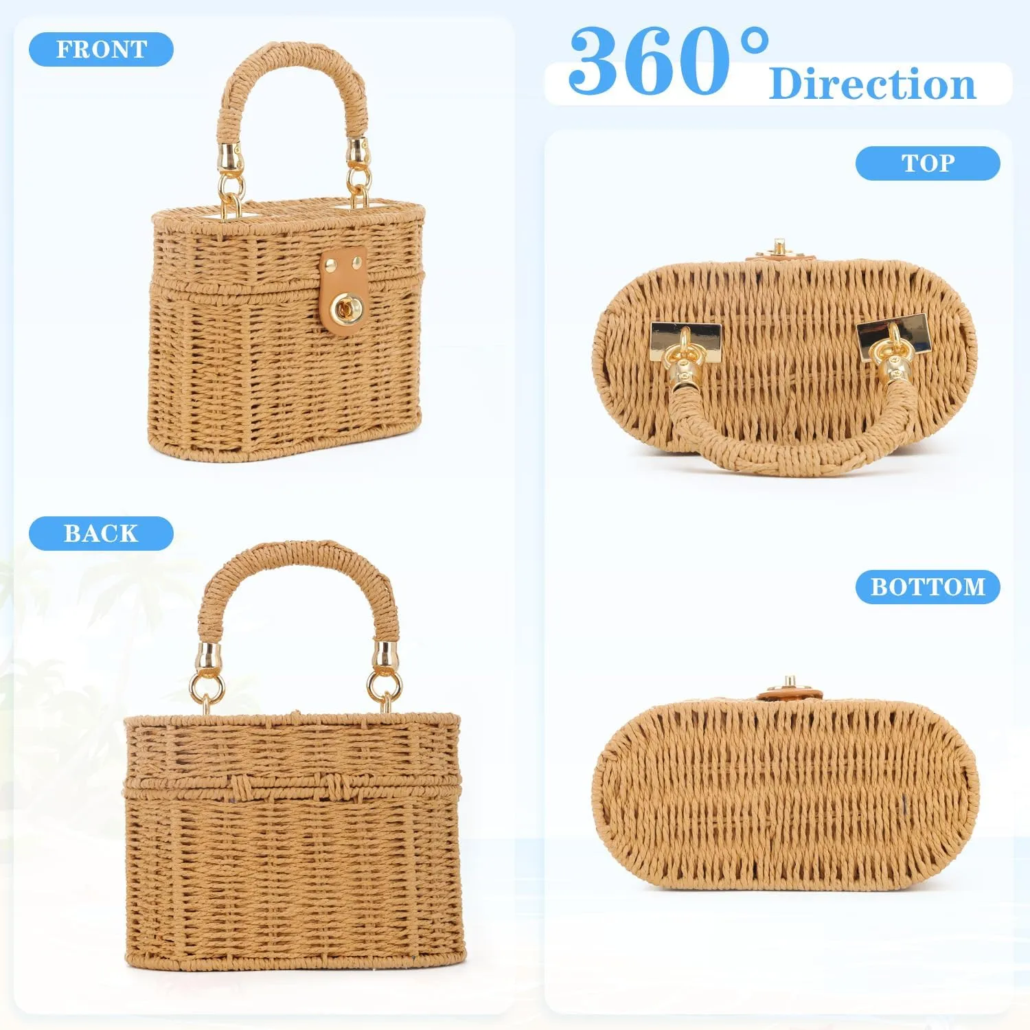 KUANG! Handwoven Basket Straw Purse for Women Woven Straw Rattan Shoulder Bag Vintage Beach Tote Bag