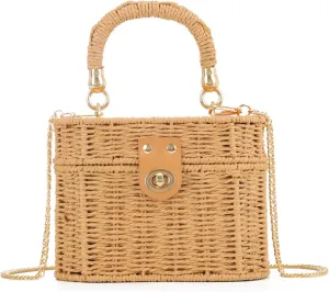 KUANG! Handwoven Basket Straw Purse for Women Woven Straw Rattan Shoulder Bag Vintage Beach Tote Bag