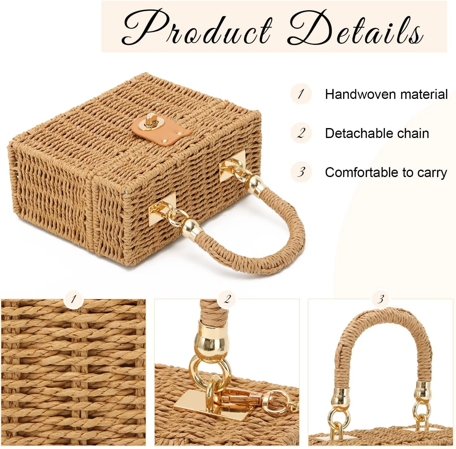 KUANG! Handwoven Rattan Bag for Women Woven Straw Square Crossbody Bag Vintage Basket Purse Beach Tote Bag