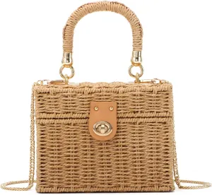 KUANG! Handwoven Rattan Bag for Women Woven Straw Square Crossbody Bag Vintage Basket Purse Beach Tote Bag