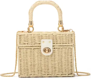 KUANG! Handwoven Rattan Bag for Women Woven Straw Square Crossbody Bag Vintage Basket Purse Beach Tote Bag