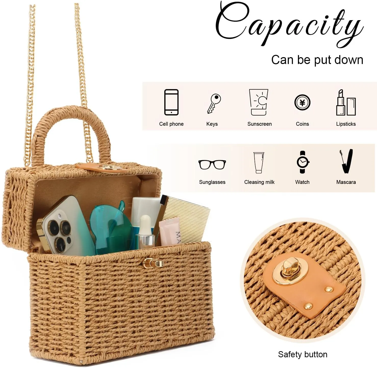 KUANG! Handwoven Rattan Bag for Women Woven Straw Square Crossbody Bag Vintage Basket Purse Beach Tote Bag