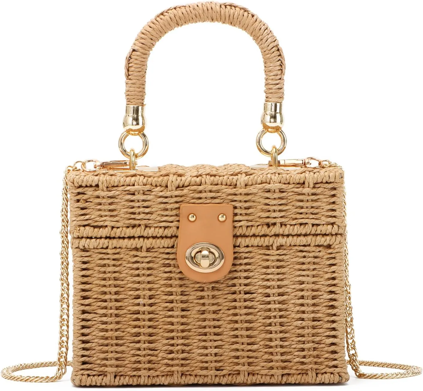 KUANG! Handwoven Rattan Bag for Women Woven Straw Square Crossbody Bag Vintage Basket Purse Beach Tote Bag