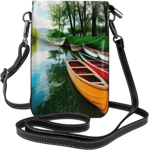 Lake with Boats Canoes Park Print crossbody cell phone purse for women,trendy mini handbag with credit card slots
