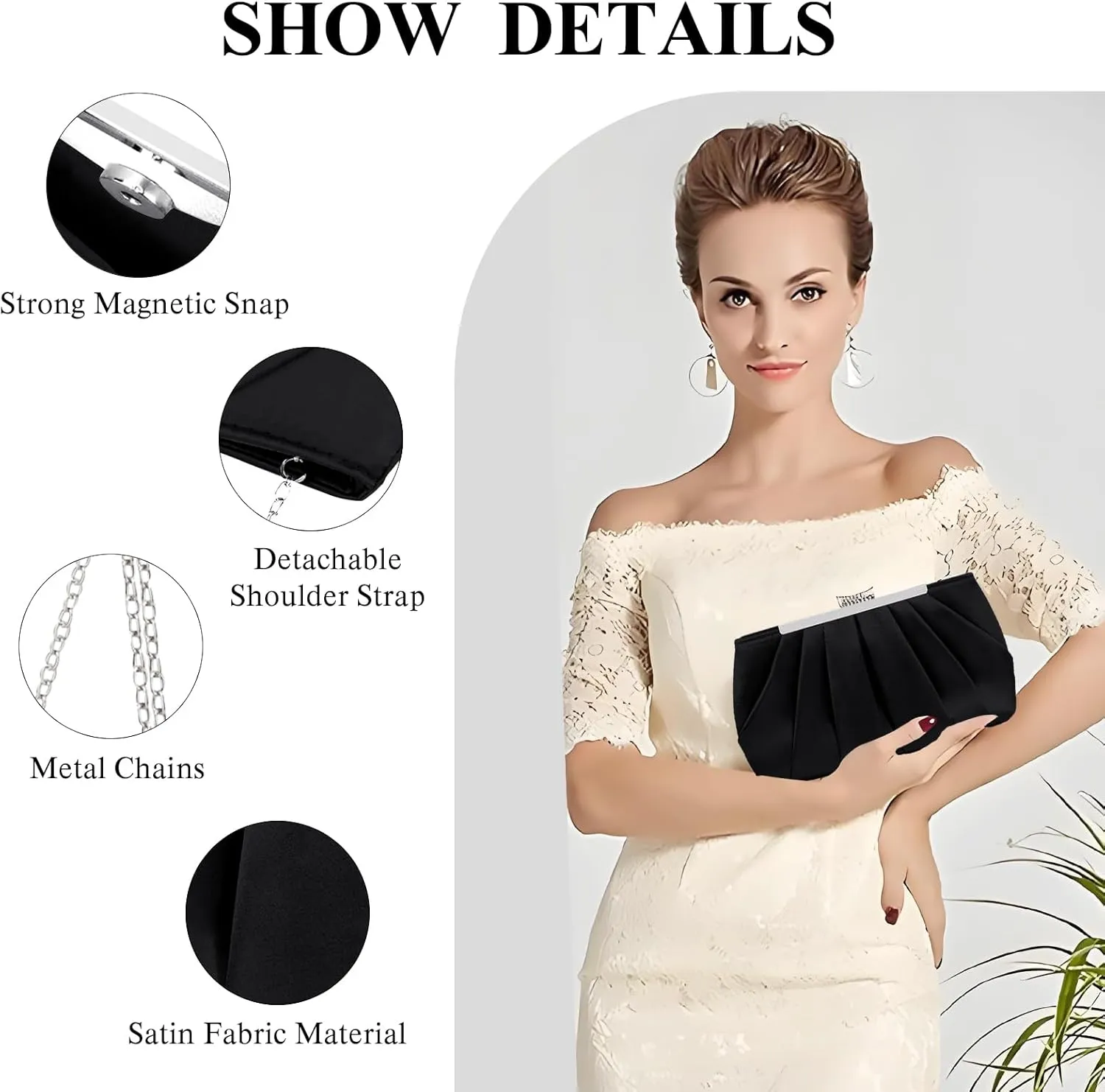 LAKSMI Pleated Clutch Evening Bag Simple Satin Purse Elegance Formal Evening Handbag for Women