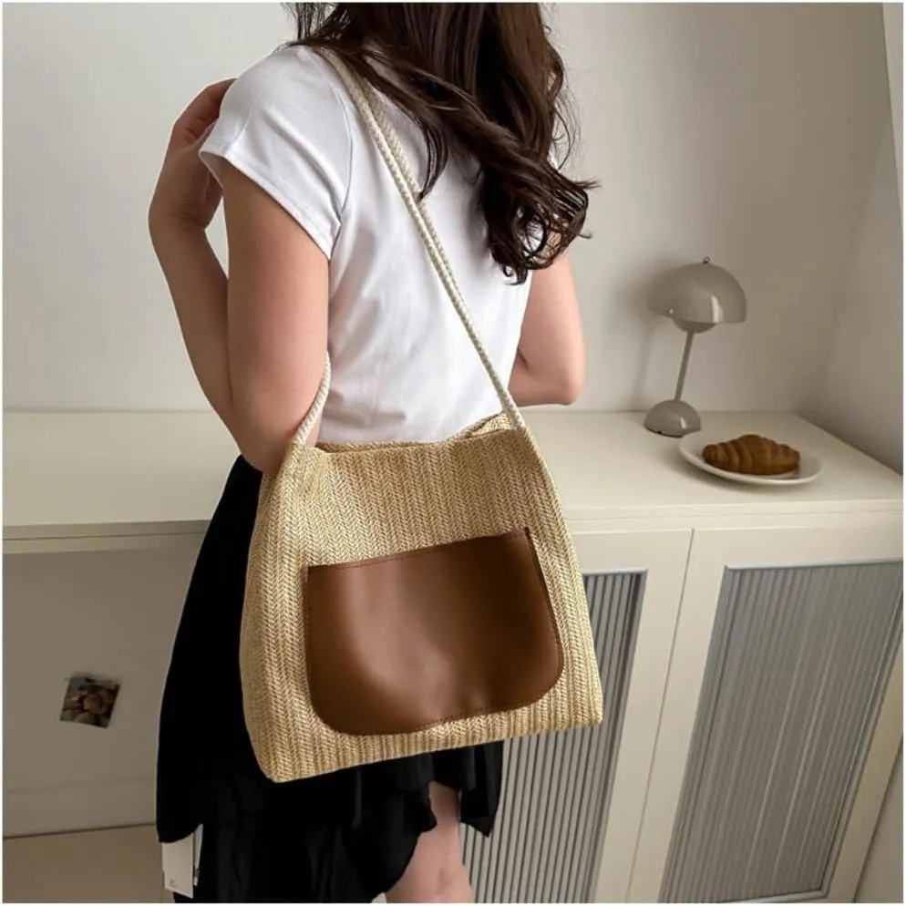 Large capacity Bag Simple and Stylish Straw Crossbody Bag: Start a Dynamic Outing Mode Ladies shoulder Bag(White)