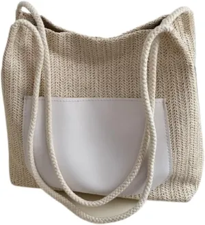 Large capacity Bag Simple and Stylish Straw Crossbody Bag: Start a Dynamic Outing Mode Ladies shoulder Bag(White)