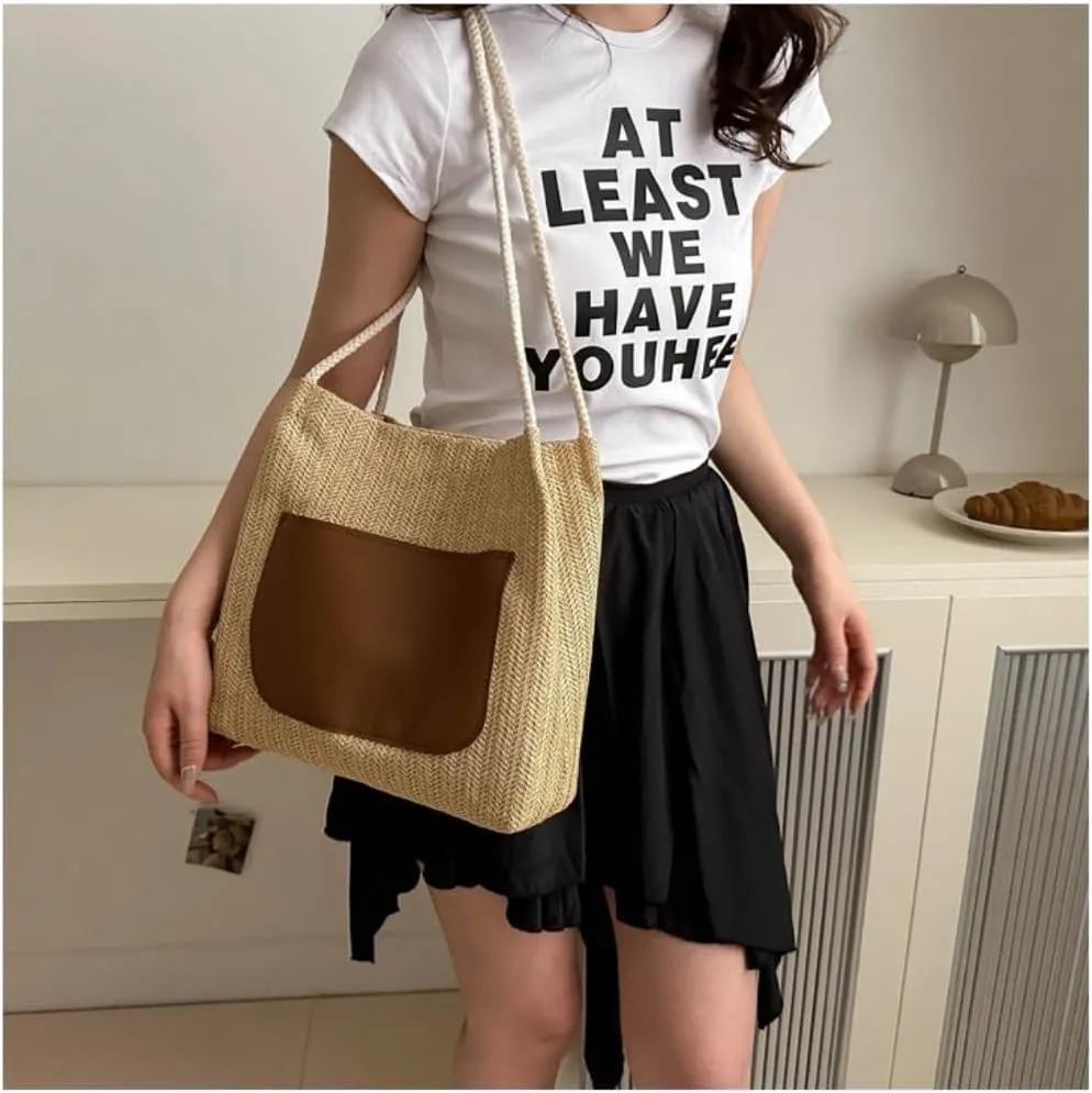 Large capacity Bag Simple and Stylish Straw Crossbody Bag: Start a Dynamic Outing Mode Ladies shoulder Bag(White)