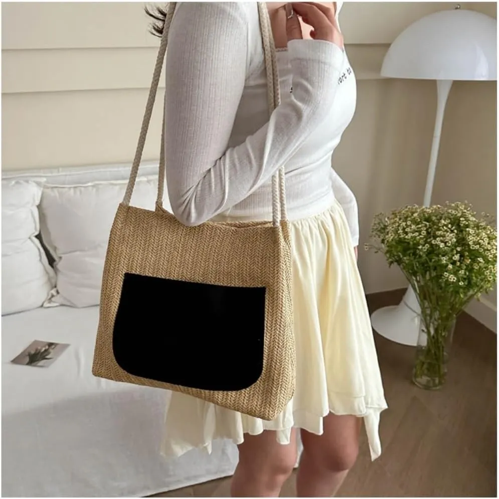 Large capacity Bag Simple and Stylish Straw Crossbody Bag: Start a Dynamic Outing Mode Ladies shoulder Bag(White)