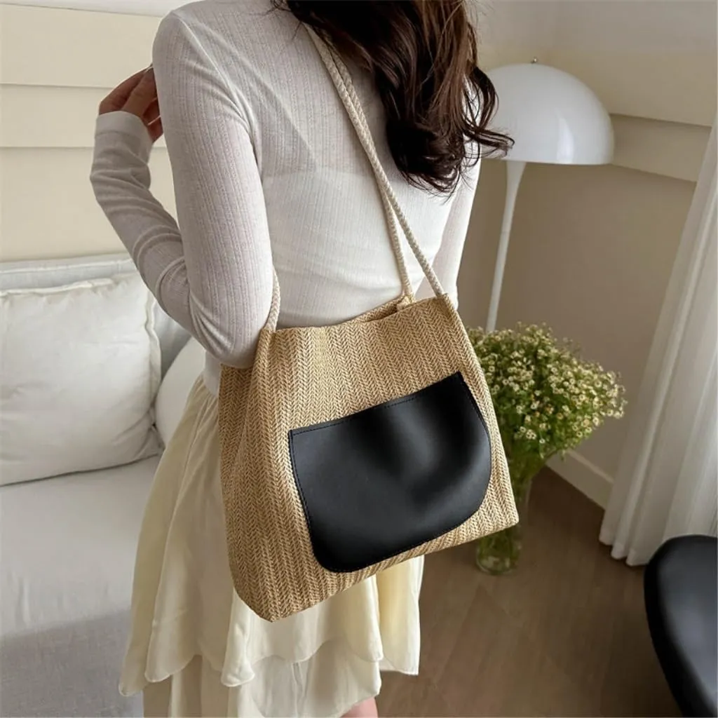 Large capacity Bag Simple and Stylish Straw Crossbody Bag: Start a Dynamic Outing Mode Ladies shoulder Bag(White)