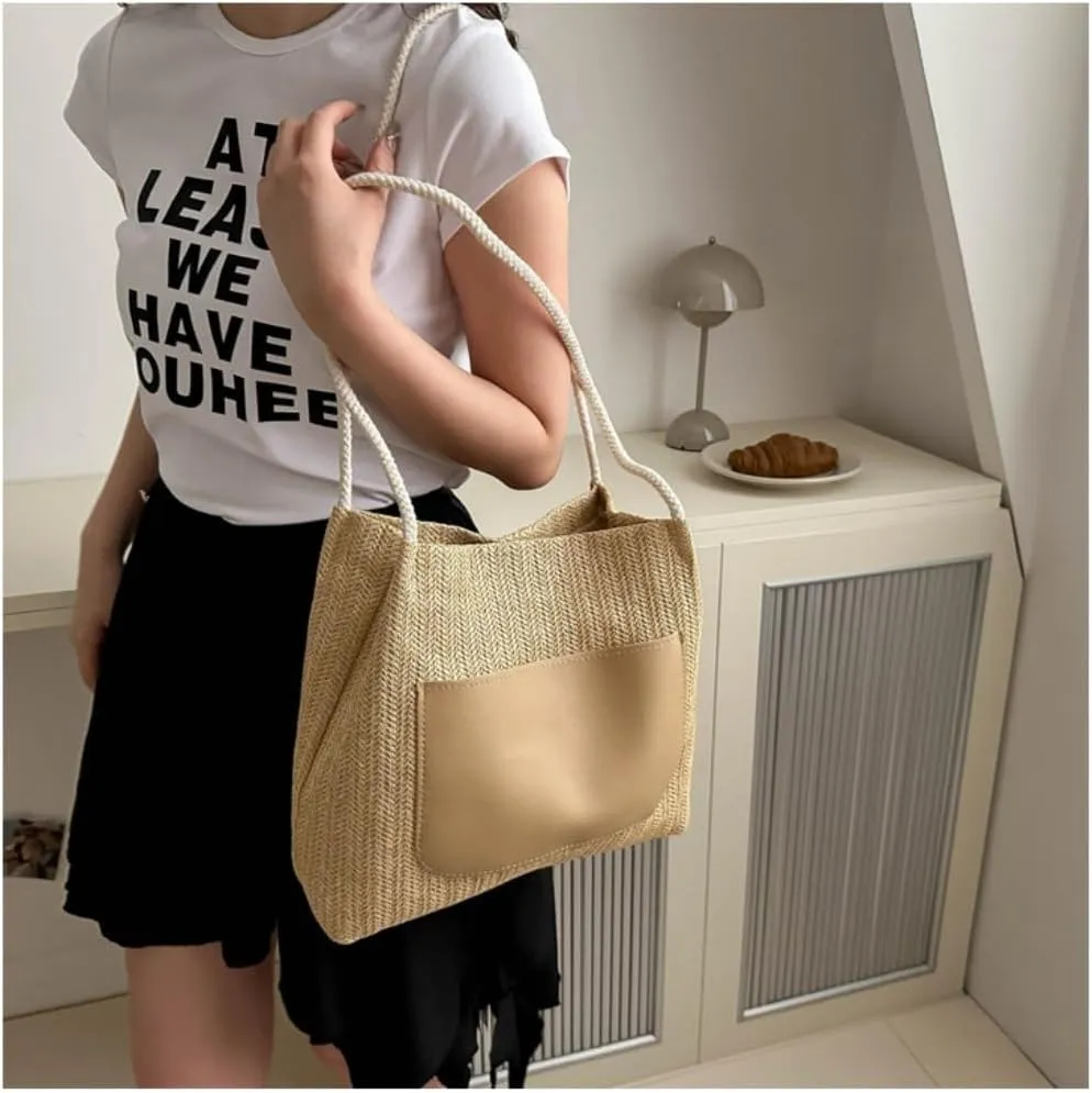 Large capacity Bag Simple and Stylish Straw Crossbody Bag: Start a Dynamic Outing Mode Ladies shoulder Bag(White)