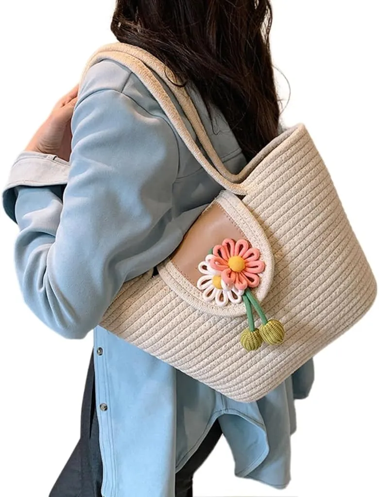 Large Capacity Handwoven Cotton Thread Shoulder Bag Ethnic Handbags for Travel and Vacation