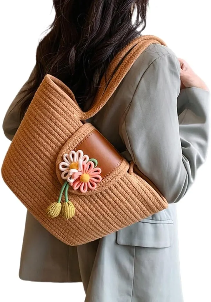 Large Capacity Handwoven Cotton Thread Shoulder Bag Ethnic Handbags for Travel and Vacation