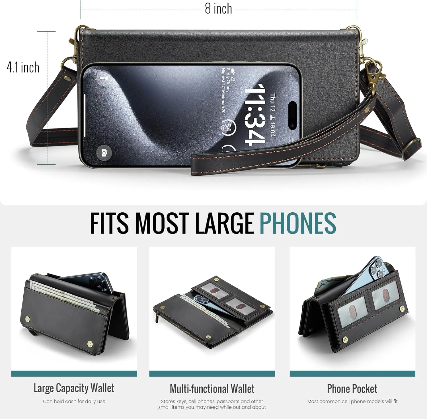LBYZCASE Universal Smartphone Crossbody Bag for iPhone 16 Pro Max/16 Plus&Samsung Galaxy S25/S24 Ultra/S24 /S24 FE-Women's Leather Purses with Shoulder Strap,RFID Blocking Card Holder-Black