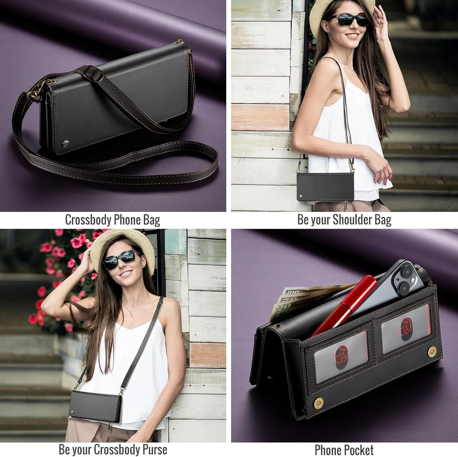 LBYZCASE Universal Smartphone Crossbody Bag for iPhone 16 Pro Max/16 Plus&Samsung Galaxy S25/S24 Ultra/S24 /S24 FE-Women's Leather Purses with Shoulder Strap,RFID Blocking Card Holder-Black
