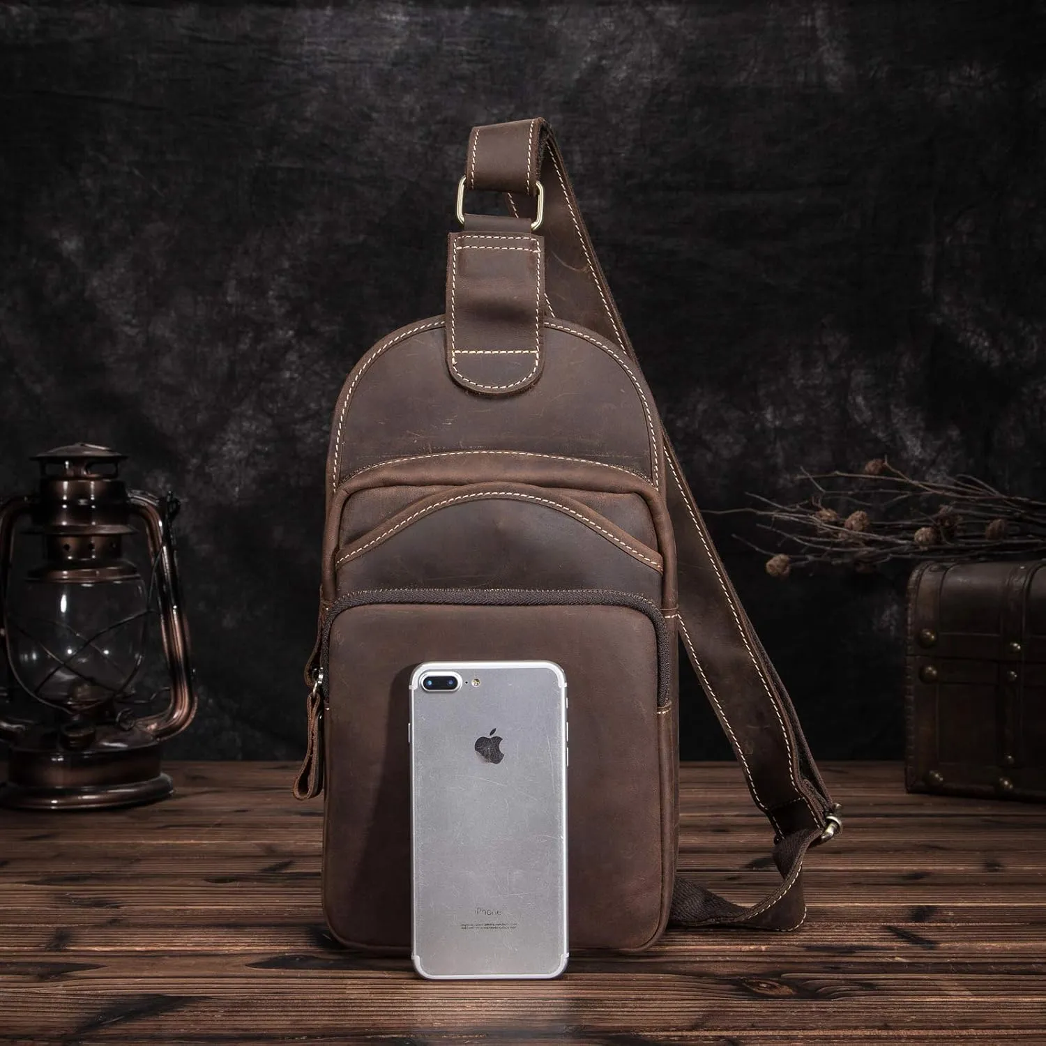 Le'aokuu Men Outdoor Casual Travel Cycling Tea Crossbody Chest Sling Bag Rig One Shoulder Strap Bag Backpack Men Leather