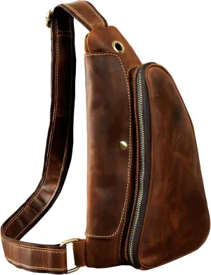 Le'aokuu Mens Fashion Casual Tea Designer Travel Hiking Crossbody Chest Sling Bag Rig One Shoulder Strap Bag For Men Leather