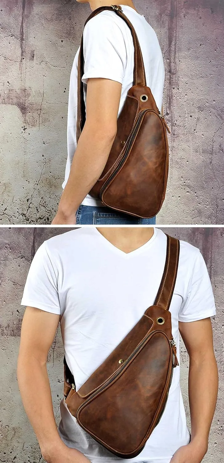 Le'aokuu Mens Fashion Casual Tea Designer Travel Hiking Crossbody Chest Sling Bag Rig One Shoulder Strap Bag For Men Leather