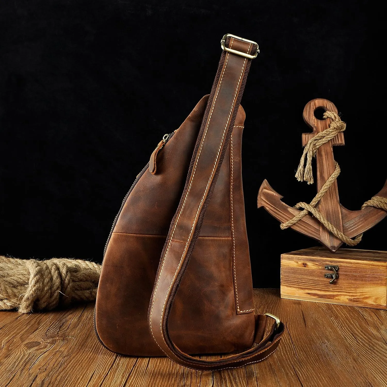 Le'aokuu Mens Fashion Casual Tea Designer Travel Hiking Crossbody Chest Sling Bag Rig One Shoulder Strap Bag For Men Leather