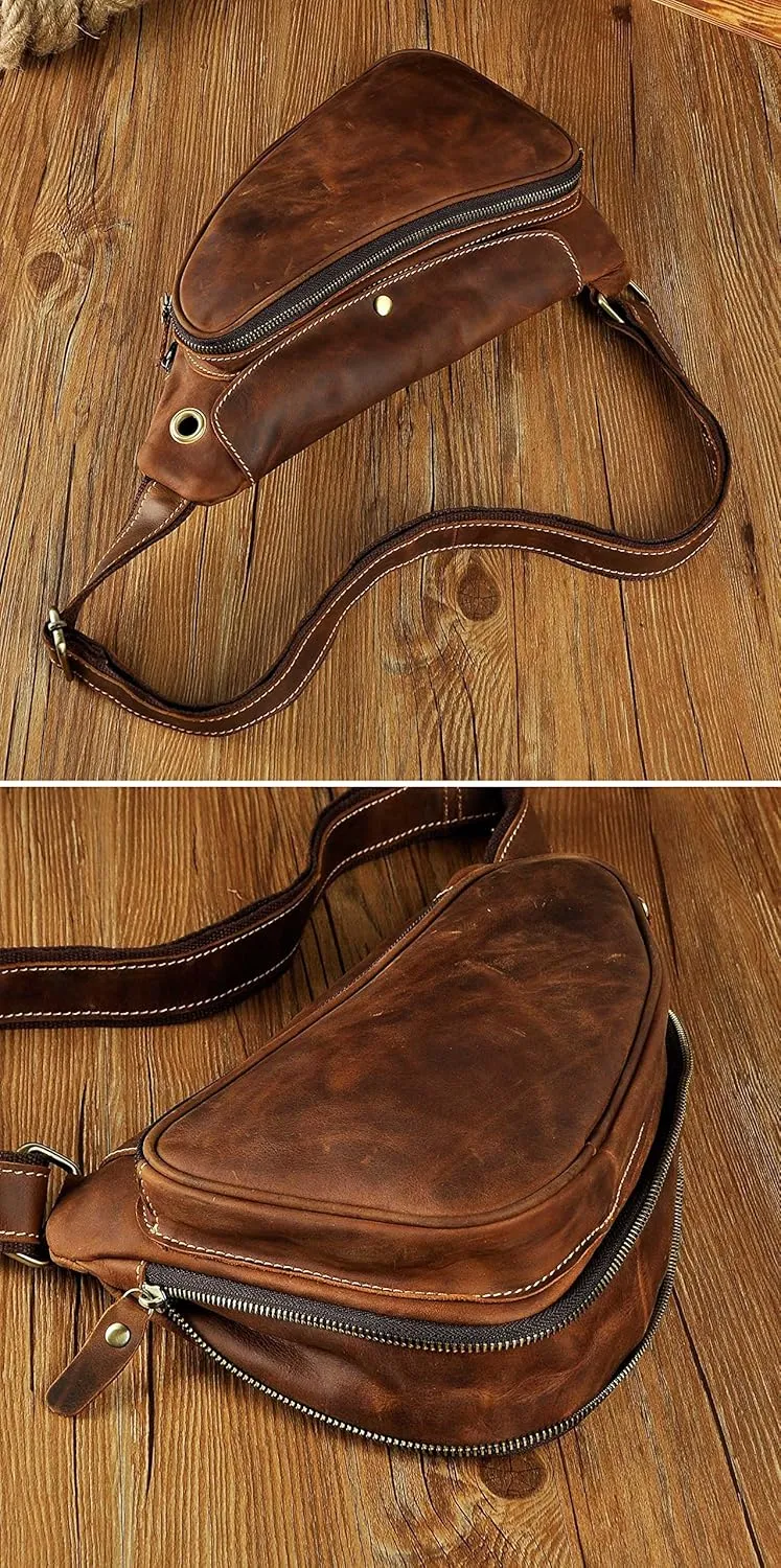 Le'aokuu Mens Fashion Casual Tea Designer Travel Hiking Crossbody Chest Sling Bag Rig One Shoulder Strap Bag For Men Leather