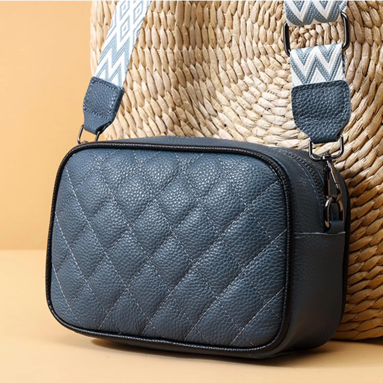 Leather Crossbody Bag for Women, Small Purse Shoulder Bag with Wide Strap, Zipper Pocket, Crossbody Handbag for Women