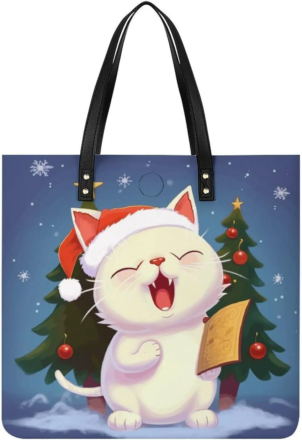 Leather Handbag,Cute Cat Sing Christmas Carols Print Handbag,shoulder Bag with Large Capacity,tote Bag for Work,shopping,travel,weekend